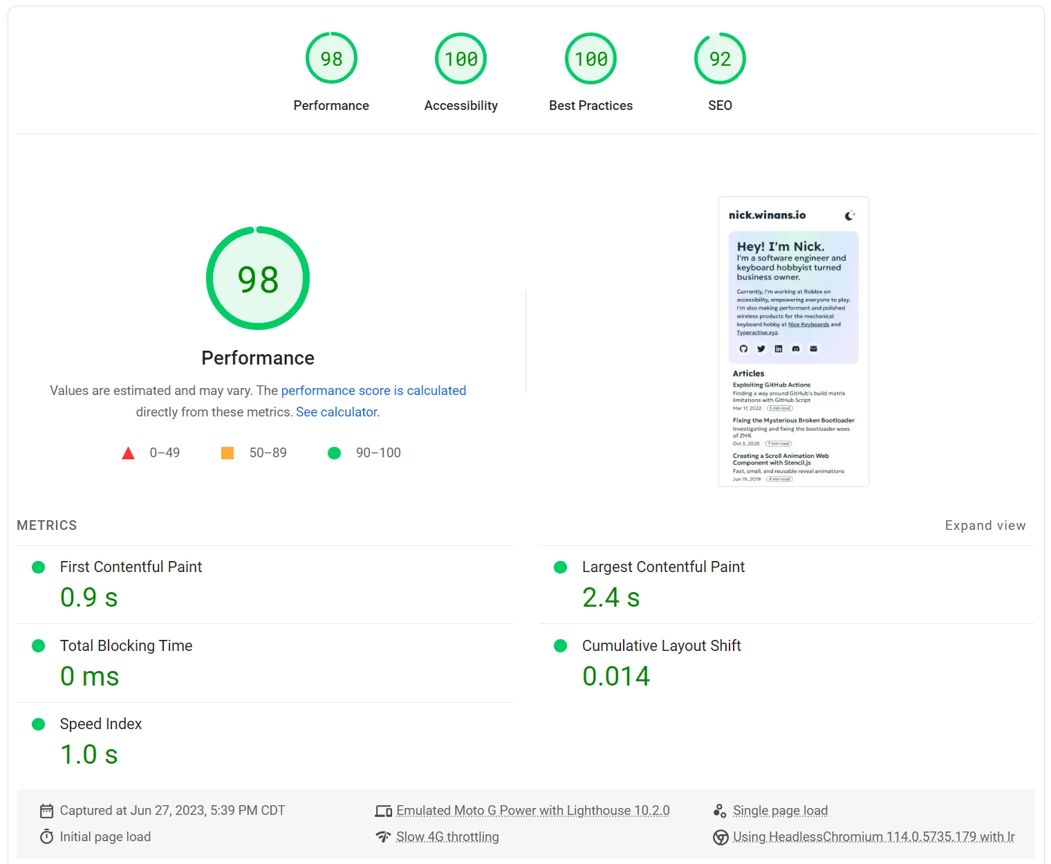 Google PageSpeed Insights when using basic local fonts, 98 Performance, 0.9s FCP