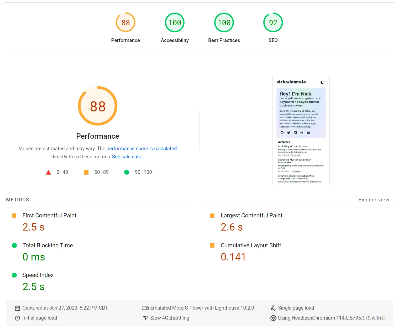 Google PageSpeed Insights when using Google Fonts, 88 Performance, 2.5s FCP