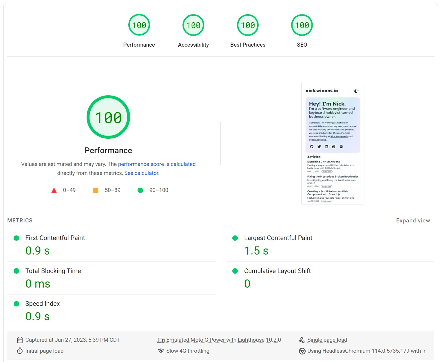 Google PageSpeed Insights when using optimized local fonts, 100 Performance, 0.9s FCP